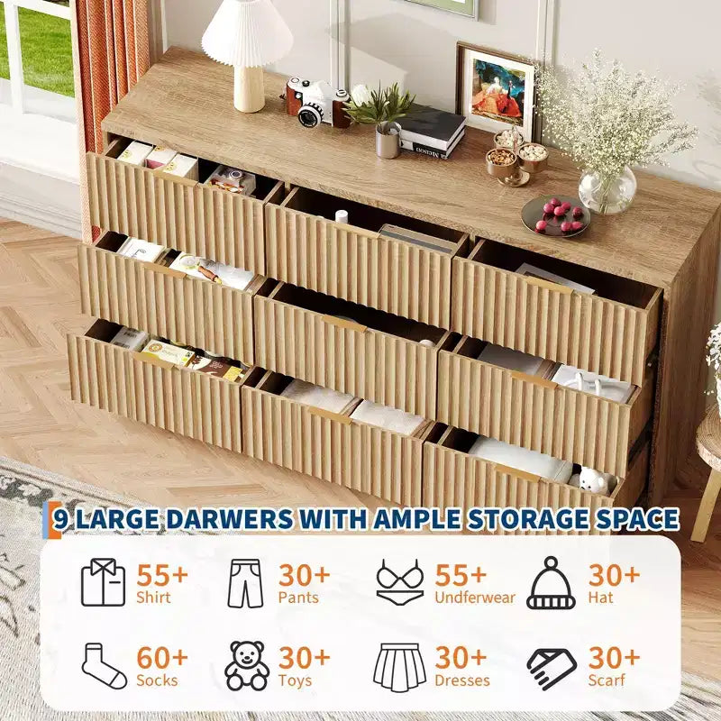 Cassettiera scanalata per camera da letto, cassettiera a 9 cassetti, comò moderno, organizer per armadio in legno per soggiorno ingresso