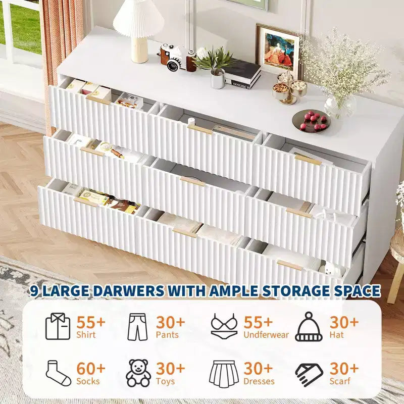 Cassettiera scanalata per camera da letto, cassettiera a 9 cassetti, comò moderno, organizer per armadio in legno per soggiorno ingresso
