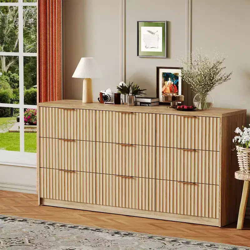 Cassettiera scanalata per camera da letto, cassettiera a 9 cassetti, comò moderno, organizer per armadio in legno per soggiorno ingresso