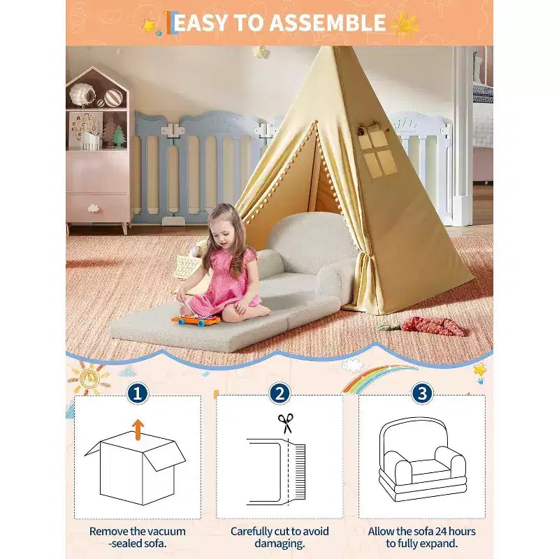 Divano per bambini, divano poltrona per bambini in tessuto Teddy Fleece convertibile 2-in-1, morbido divano pieghevole per bambini, comodo divano letto per bambini per sala giochi
