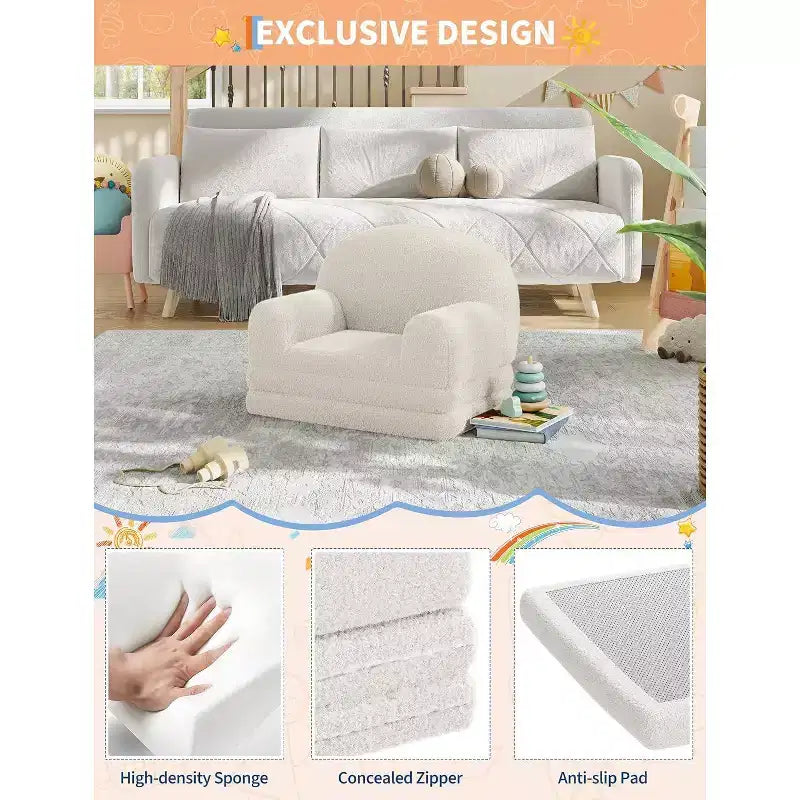 Divano per bambini, divano poltrona per bambini in tessuto Teddy Fleece convertibile 2-in-1, morbido divano pieghevole per bambini, comodo divano letto per bambini per sala giochi