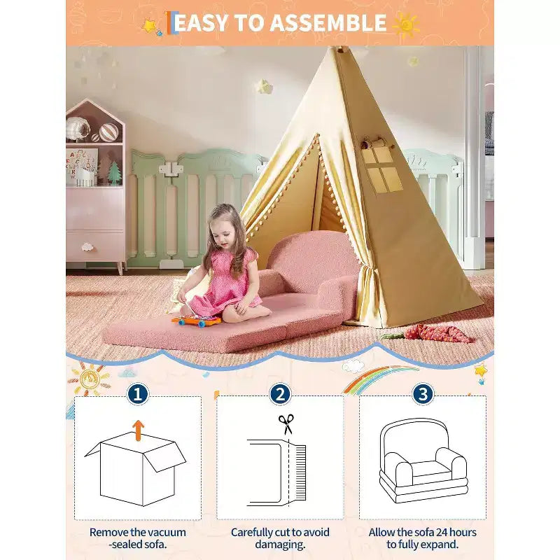 Divano per bambini, divano poltrona per bambini in tessuto Teddy Fleece convertibile 2-in-1, morbido divano pieghevole per bambini, comodo divano letto per bambini per sala giochi