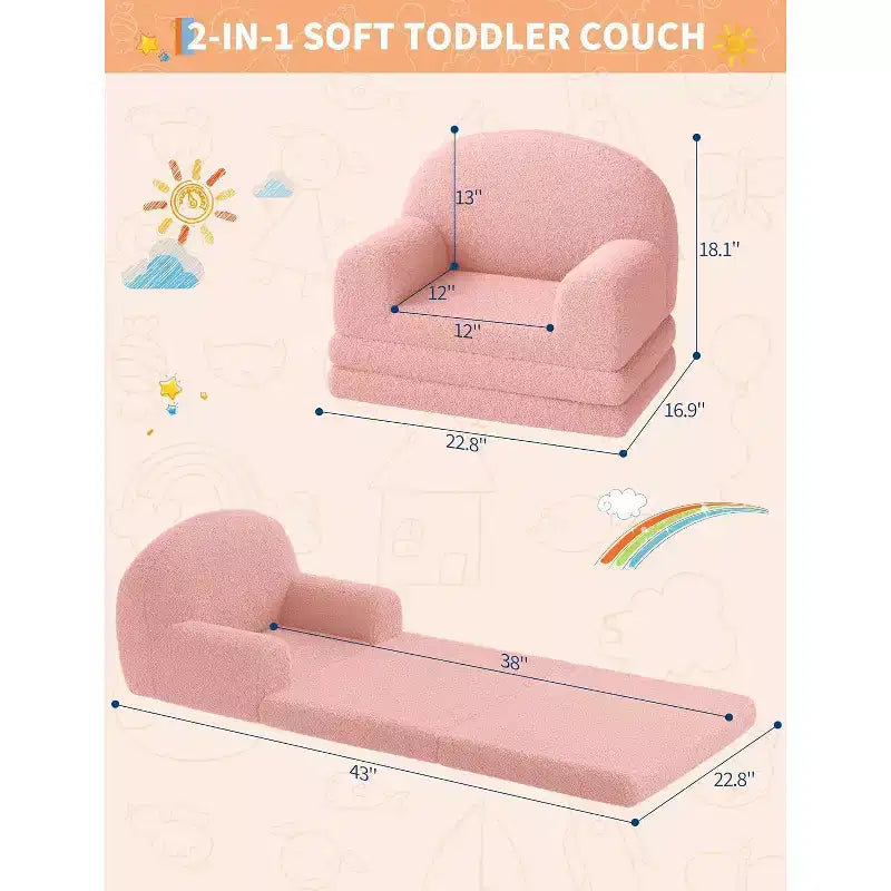 Divano per bambini, divano poltrona per bambini in tessuto Teddy Fleece convertibile 2-in-1, morbido divano pieghevole per bambini, comodo divano letto per bambini per sala giochi