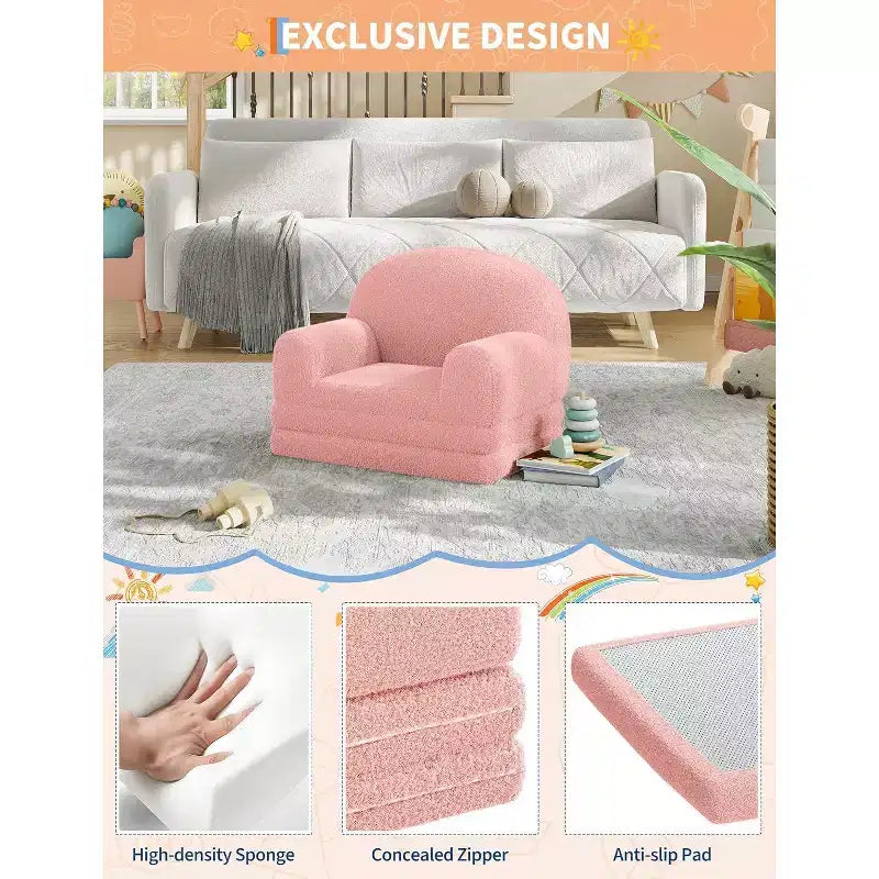 Divano per bambini, divano poltrona per bambini in tessuto Teddy Fleece convertibile 2-in-1, morbido divano pieghevole per bambini, comodo divano letto per bambini per sala giochi