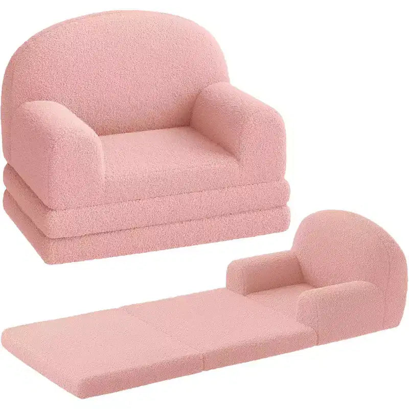 Kids Couch, 2-in-1 Convertible Teddy Fleece Fabric Toddler Sofa Chair, Soft Fold Out Couch Lounger for Kids, Comfy Children's Sofa Bed for Playroom