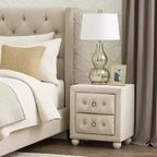 Comodino, 2 Cassetti, Classico Rivestimento Trapuntato Beige con Cristalli