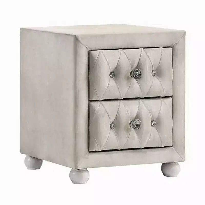 Comodino, 2 Cassetti, Classico Rivestimento Trapuntato Beige con Cristalli