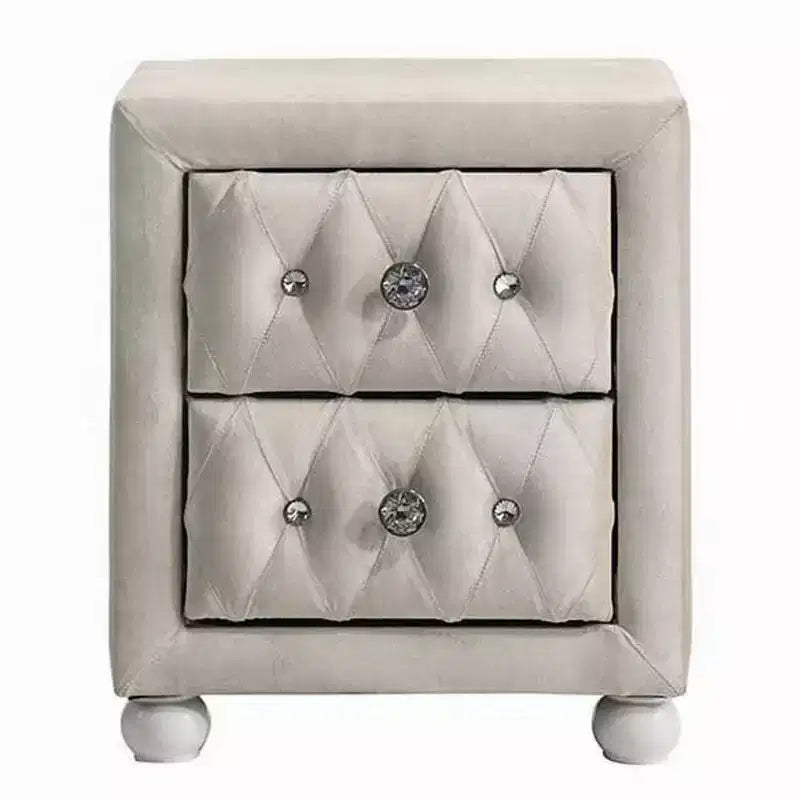 Comodino, 2 Cassetti, Classico Rivestimento Trapuntato Beige con Cristalli