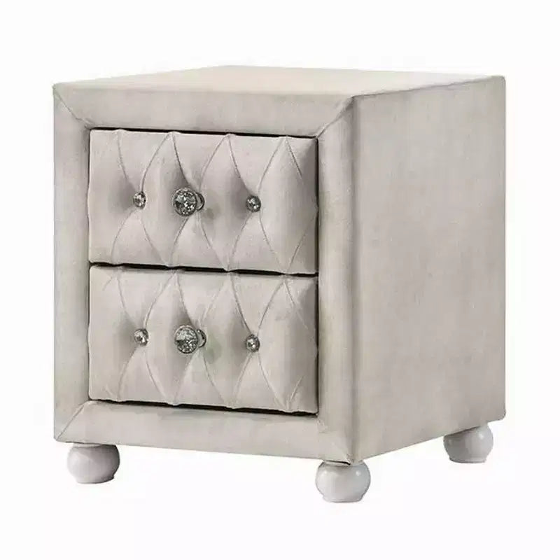 Comodino, 2 Cassetti, Classico Rivestimento Trapuntato Beige con Cristalli