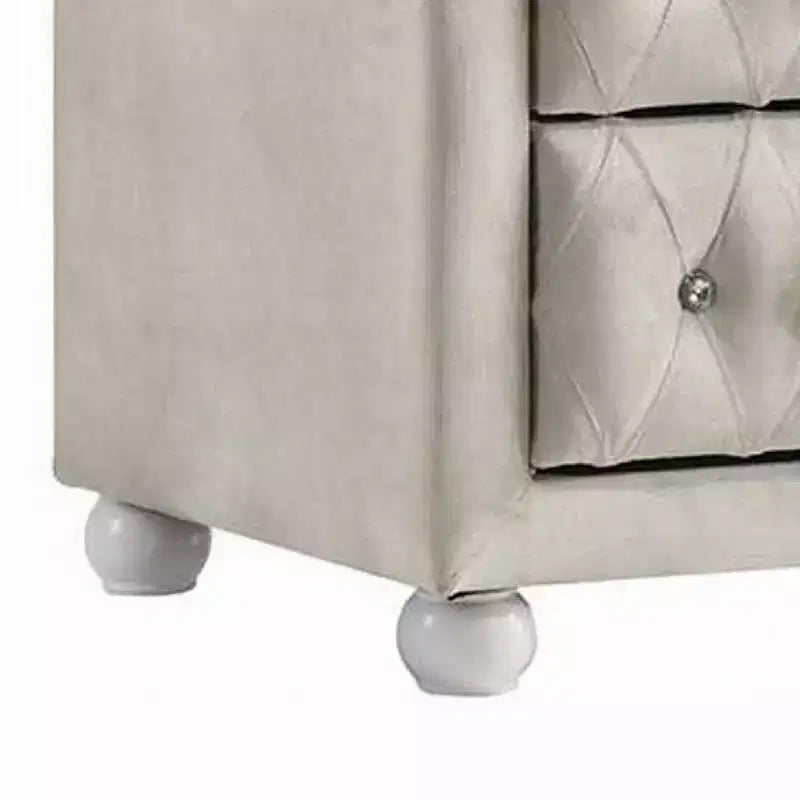 Comodino, 2 Cassetti, Classico Rivestimento Trapuntato Beige con Cristalli