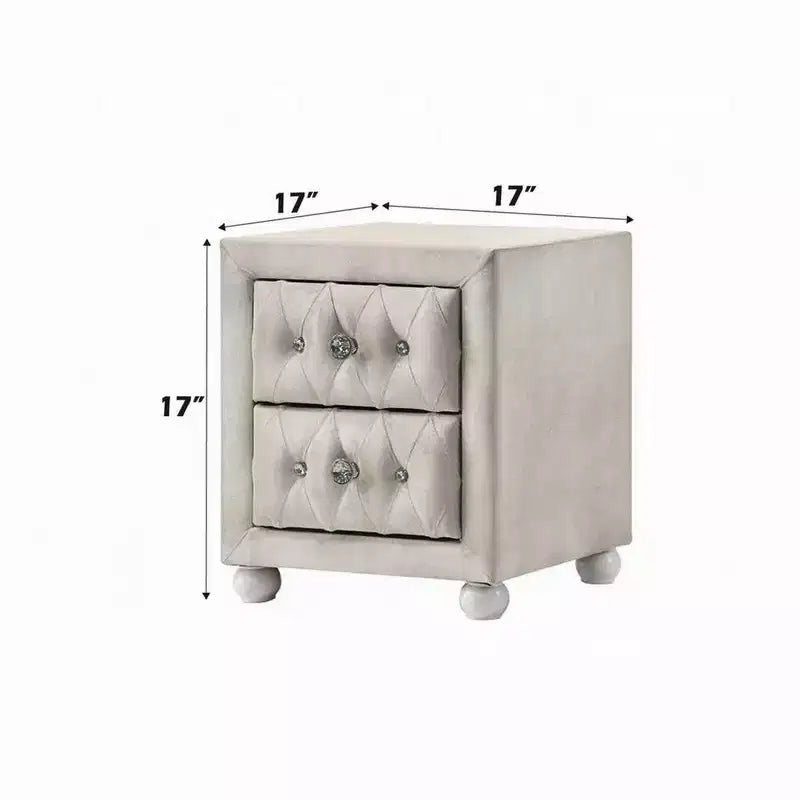 Comodino, 2 Cassetti, Classico Rivestimento Trapuntato Beige con Cristalli