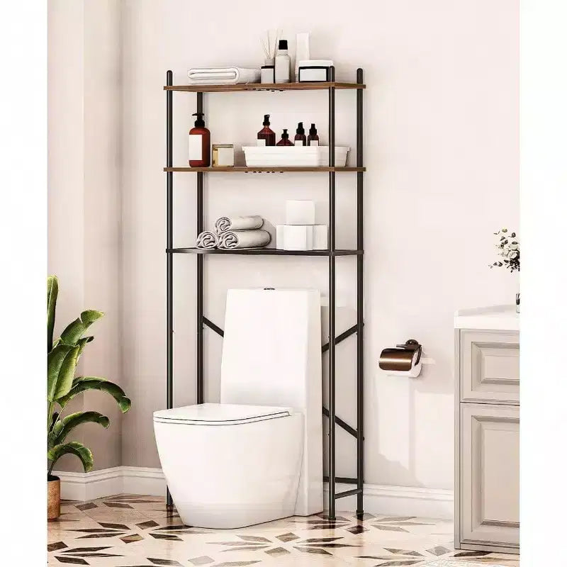 Organizzatore da Bagno sopra WC con 3 o 2 Ripiani, Scaffale Autoportante con Piedini Regolabili, Marrone Rustico e Nero
