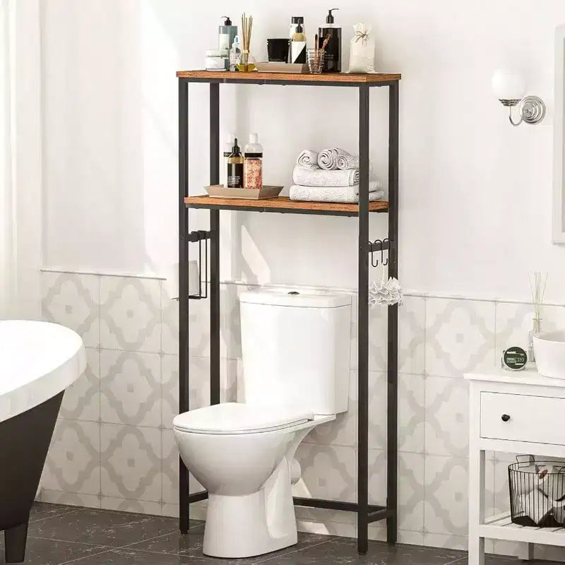 Organizzatore da Bagno sopra WC con 3 o 2 Ripiani, Scaffale Autoportante con Piedini Regolabili, Marrone Rustico e Nero