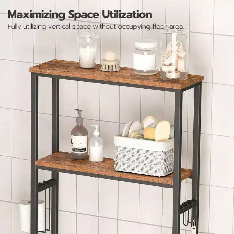 Organizzatore da Bagno sopra WC con 3 o 2 Ripiani, Scaffale Autoportante con Piedini Regolabili, Marrone Rustico e Nero