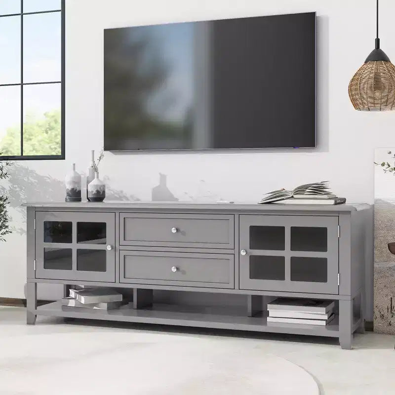 Mobile TV Moderno con Ante e Cassetti per TV da 60 pollici, Tavolo Porta TV in Legno con Ripiani per Soggiorno