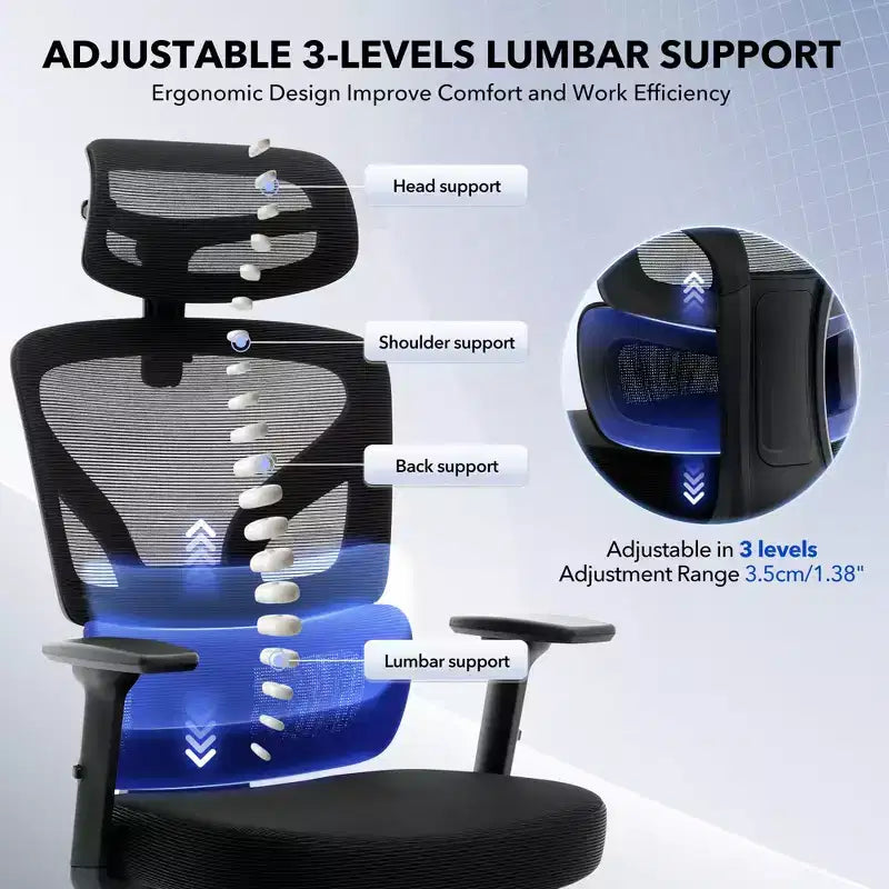 Sedia da ufficio ergonomica con supporto lombare regolabile, sedia da scrivania in rete con schienale alto, sedia girevole da computer con ruote per casa/ufficio