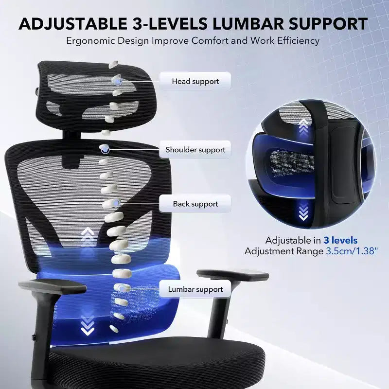 Sedia da ufficio ergonomica con supporto lombare regolabile, sedia da scrivania in rete con schienale alto, sedia girevole da computer con ruote per casa/ufficio