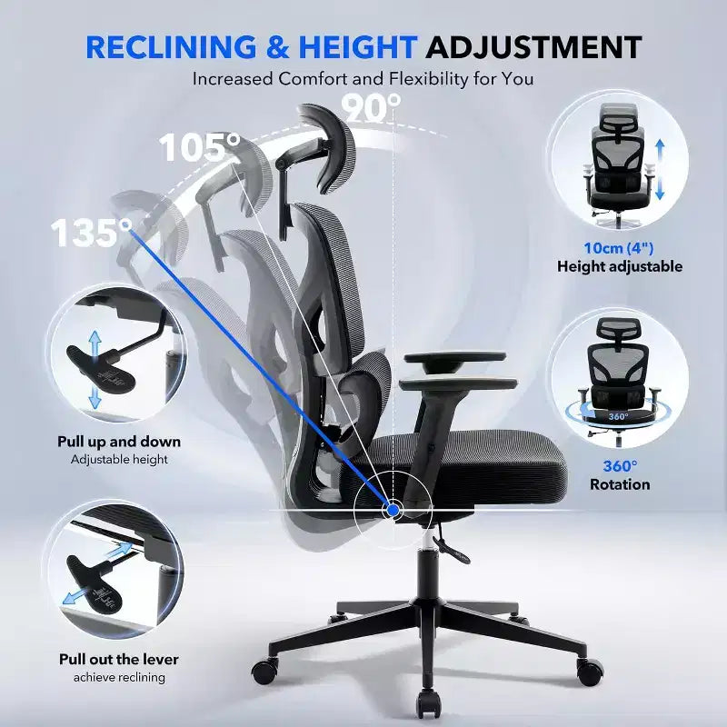 Sedia da ufficio ergonomica con supporto lombare regolabile, sedia da scrivania in rete con schienale alto, sedia girevole da computer con ruote per casa/ufficio