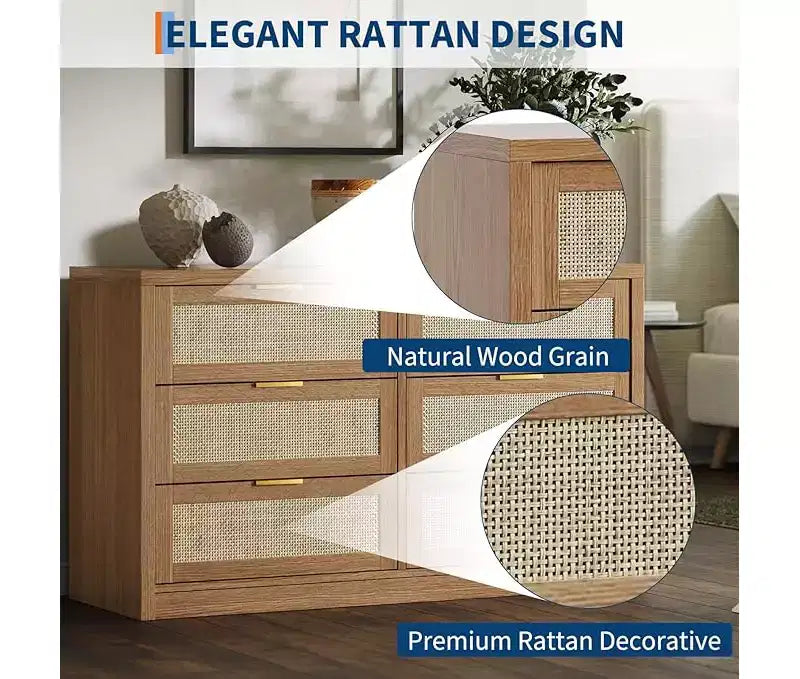 Comò a 6 cassetti per camera da letto, Comò largo in rattan, in legno con maniglie dorate, Mobile TV da fattoria Tavolo da ingresso, Cassettiera moderna per la stanza