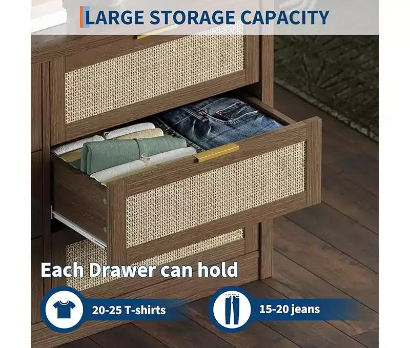 Comò a 6 cassetti per camera da letto, Comò largo in rattan, in legno con maniglie dorate, Mobile TV da fattoria Tavolo da ingresso, Cassettiera moderna per la stanza