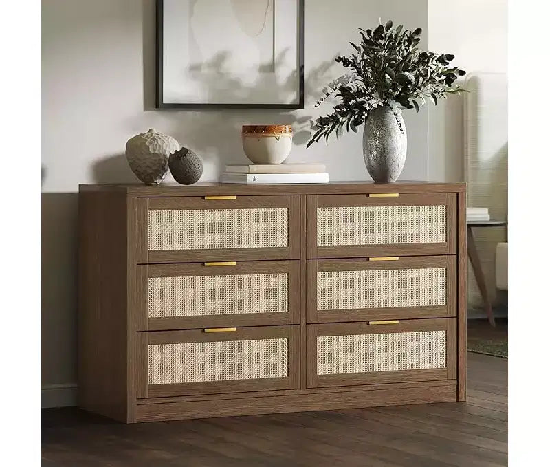 Comò a 6 cassetti per camera da letto, Comò largo in rattan, in legno con maniglie dorate, Mobile TV da fattoria Tavolo da ingresso, Cassettiera moderna per la stanza