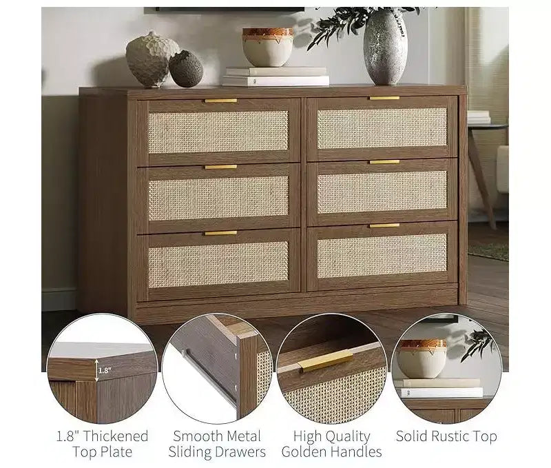 Comò a 6 cassetti per camera da letto, Comò largo in rattan, in legno con maniglie dorate, Mobile TV da fattoria Tavolo da ingresso, Cassettiera moderna per la stanza