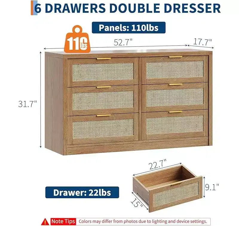 Comò a 6 cassetti per camera da letto, Comò largo in rattan, in legno con maniglie dorate, Mobile TV da fattoria Tavolo da ingresso, Cassettiera moderna per la stanza