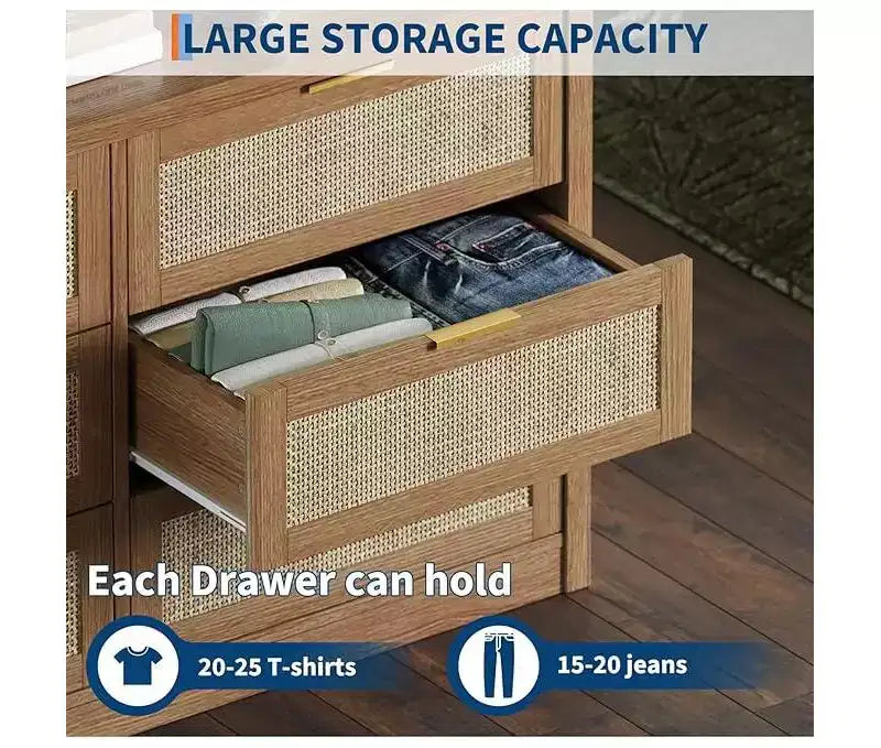 Comò a 6 cassetti per camera da letto, Comò largo in rattan, in legno con maniglie dorate, Mobile TV da fattoria Tavolo da ingresso, Cassettiera moderna per la stanza