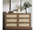 6 Drawer Dresser for Bedroom, Wide Rattan Dresser, Wooden with Gold Handles, Farmhouse Tv Stand Entryway Table, Modern Chest of Drawers for room