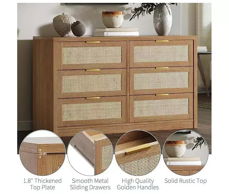 Comò a 6 cassetti per camera da letto, Comò largo in rattan, in legno con maniglie dorate, Mobile TV da fattoria Tavolo da ingresso, Cassettiera moderna per la stanza