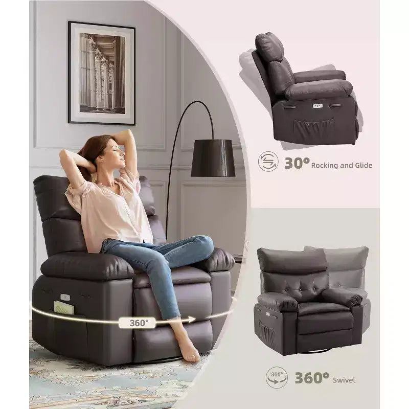 Poltrona Reclinabile Power Lift con Funzione Riscaldante e Massaggiante, Seduta Gigante Larga 68 cm, Girevole a 360 Gradi con Dondolo Manuale, Telecomando, Poltrona Reclinabile Oversize per Soggiorno