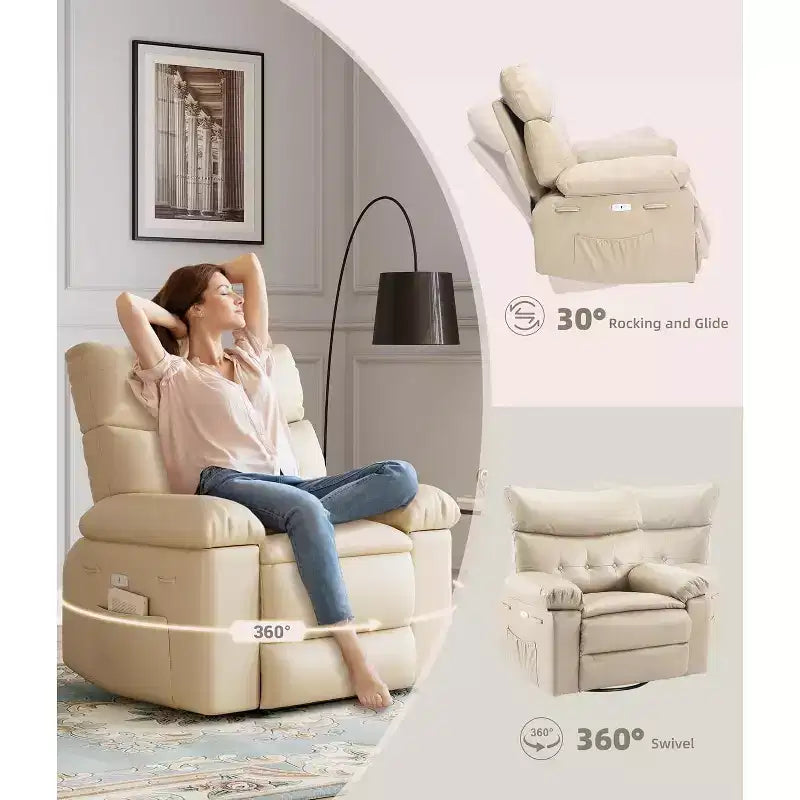 Poltrona Reclinabile Power Lift con Funzione Riscaldante e Massaggiante, Seduta Gigante Larga 68 cm, Girevole a 360 Gradi con Dondolo Manuale, Telecomando, Poltrona Reclinabile Oversize per Soggiorno