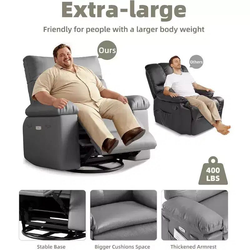 Poltrona Reclinabile Power Lift con Funzione Riscaldante e Massaggiante, Seduta Gigante Larga 68 cm, Girevole a 360 Gradi con Dondolo Manuale, Telecomando, Poltrona Reclinabile Oversize per Soggiorno