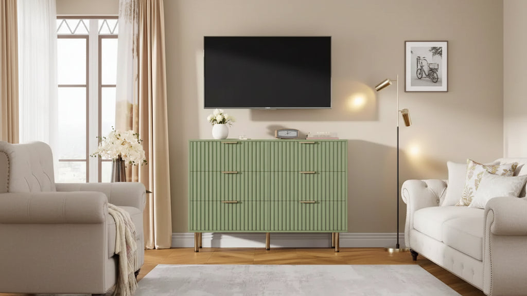 Comò doppio a 6 cassetti, cassettiera in legno scanalato da 120 cm con ampio spazio contenitivo e ripiano superiore grande - Porta TV per soggiorno, camera da letto, corridoio