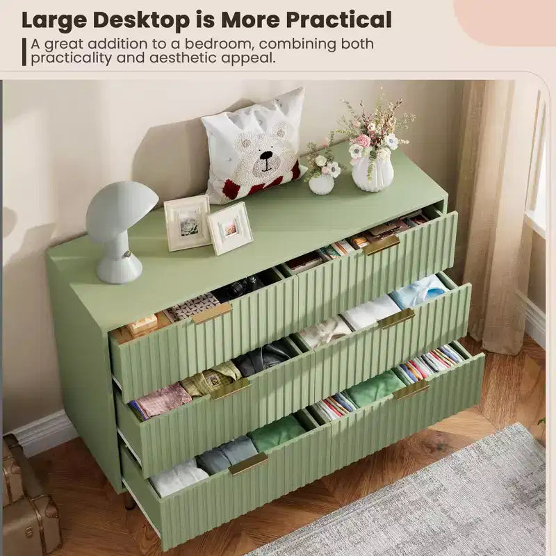 Comò doppio a 6 cassetti, cassettiera in legno scanalato da 120 cm con ampio spazio contenitivo e ripiano superiore grande - Porta TV per soggiorno, camera da letto, corridoio