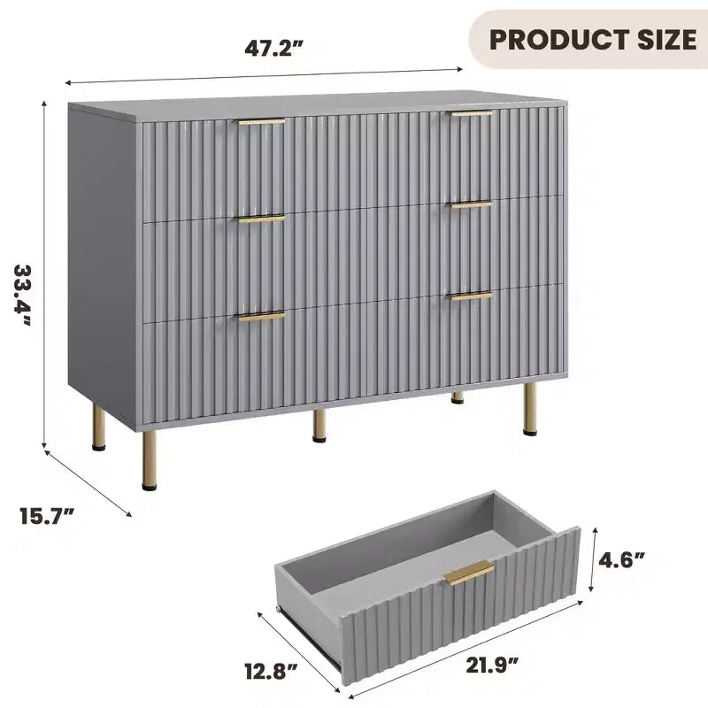 Comò doppio a 6 cassetti, cassettiera in legno scanalato da 120 cm con ampio spazio contenitivo e ripiano superiore grande - Porta TV per soggiorno, camera da letto, corridoio