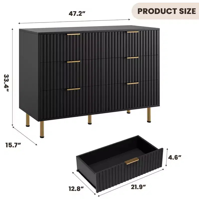 Comò doppio a 6 cassetti, cassettiera in legno scanalato da 120 cm con ampio spazio contenitivo e ripiano superiore grande - Porta TV per soggiorno, camera da letto, corridoio