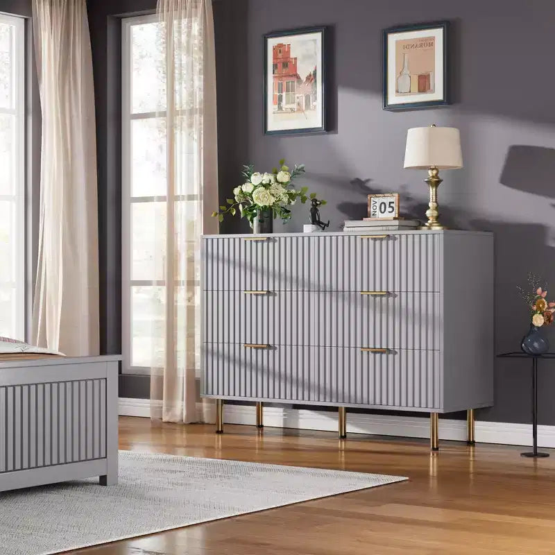 Comò doppio a 6 cassetti, cassettiera in legno scanalato da 120 cm con ampio spazio contenitivo e ripiano superiore grande - Porta TV per soggiorno, camera da letto, corridoio