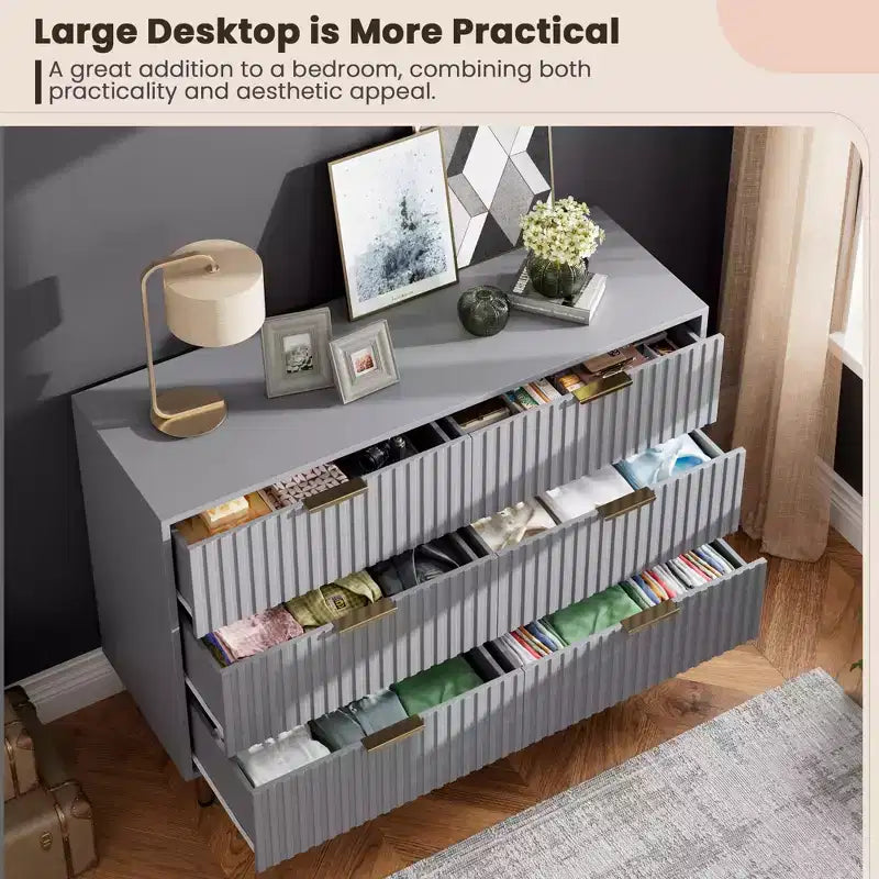 Comò doppio a 6 cassetti, cassettiera in legno scanalato da 120 cm con ampio spazio contenitivo e ripiano superiore grande - Porta TV per soggiorno, camera da letto, corridoio