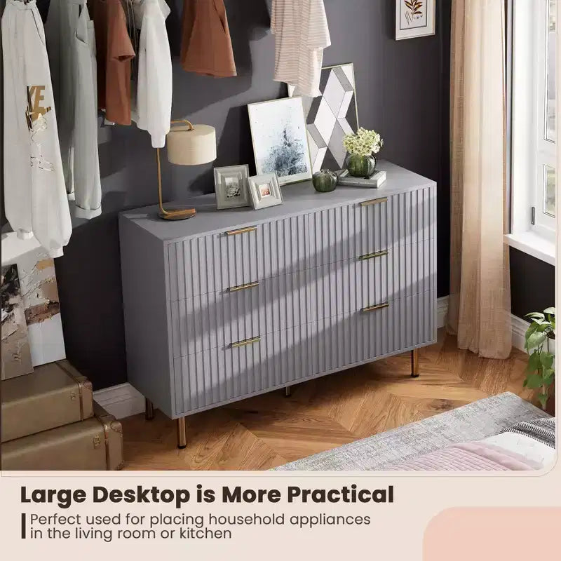 Comò doppio a 6 cassetti, cassettiera in legno scanalato da 120 cm con ampio spazio contenitivo e ripiano superiore grande - Porta TV per soggiorno, camera da letto, corridoio