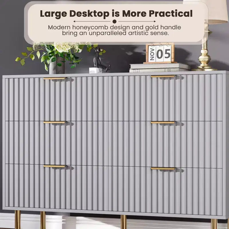 Comò doppio a 6 cassetti, cassettiera in legno scanalato da 120 cm con ampio spazio contenitivo e ripiano superiore grande - Porta TV per soggiorno, camera da letto, corridoio