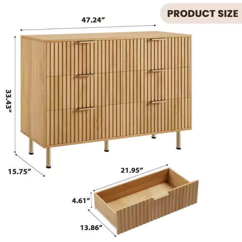Comò doppio a 6 cassetti, cassettiera in legno scanalato da 120 cm con ampio spazio contenitivo e ripiano superiore grande - Porta TV per soggiorno, camera da letto, corridoio
