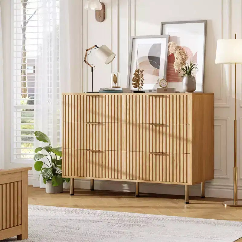 Comò doppio a 6 cassetti, cassettiera in legno scanalato da 120 cm con ampio spazio contenitivo e ripiano superiore grande - Porta TV per soggiorno, camera da letto, corridoio