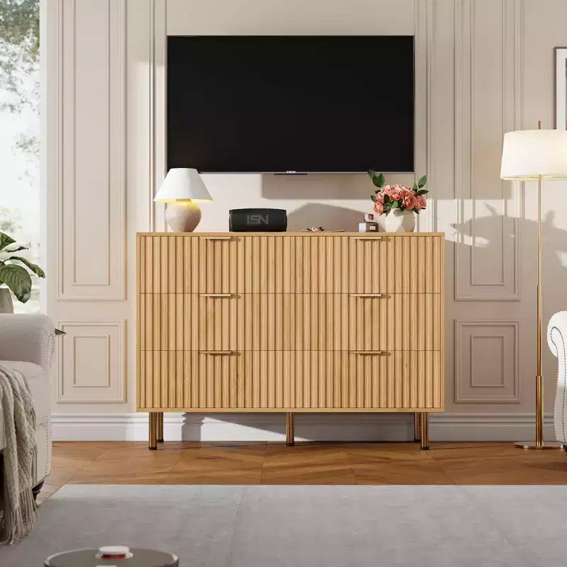 Comò doppio a 6 cassetti, cassettiera in legno scanalato da 120 cm con ampio spazio contenitivo e ripiano superiore grande - Porta TV per soggiorno, camera da letto, corridoio