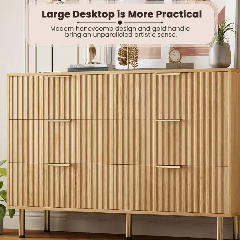 Comò doppio a 6 cassetti, cassettiera in legno scanalato da 120 cm con ampio spazio contenitivo e ripiano superiore grande - Porta TV per soggiorno, camera da letto, corridoio