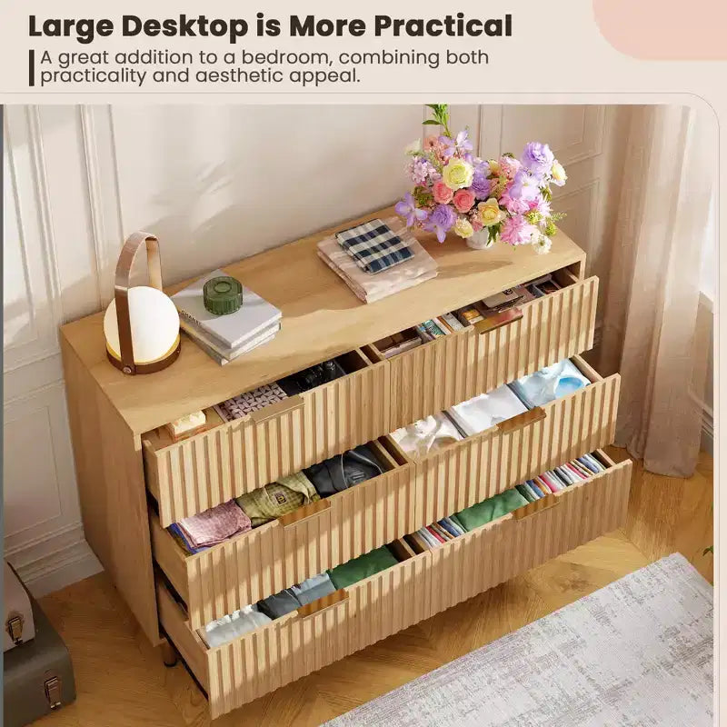 Comò doppio a 6 cassetti, cassettiera in legno scanalato da 120 cm con ampio spazio contenitivo e ripiano superiore grande - Porta TV per soggiorno, camera da letto, corridoio