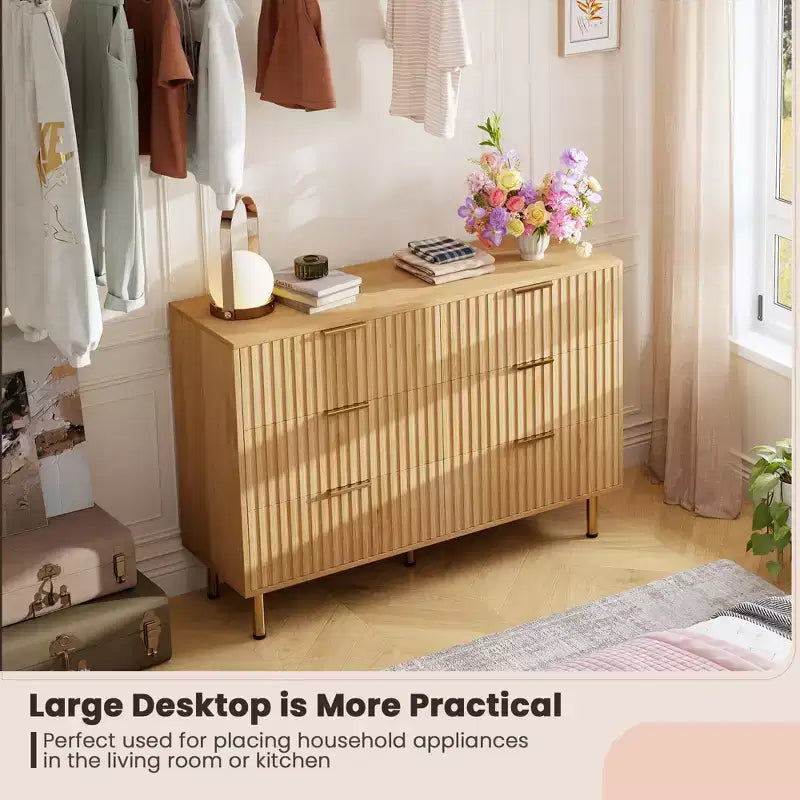 Comò doppio a 6 cassetti, cassettiera in legno scanalato da 120 cm con ampio spazio contenitivo e ripiano superiore grande - Porta TV per soggiorno, camera da letto, corridoio