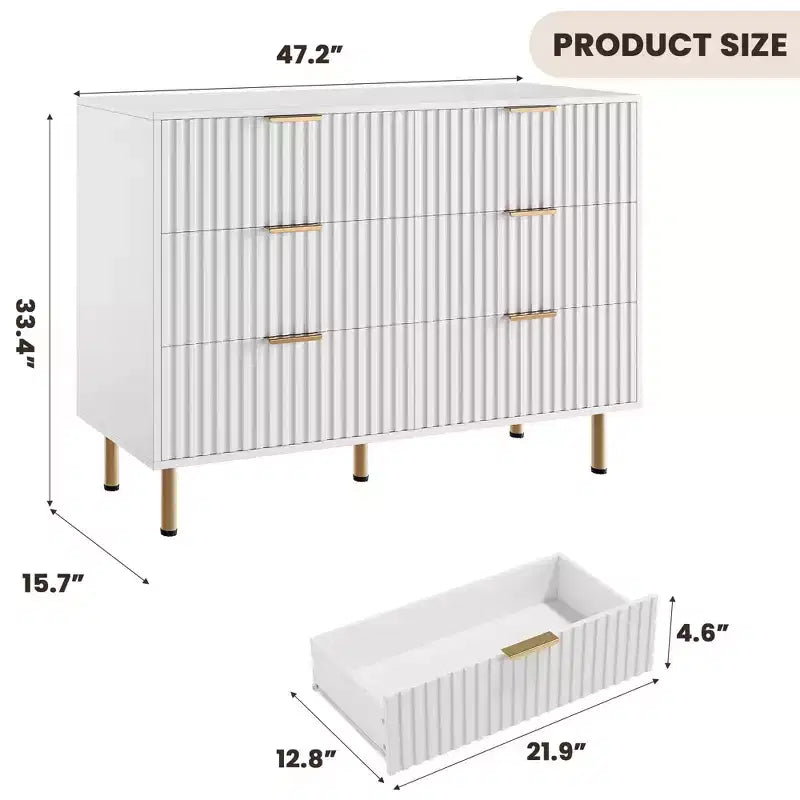 Comò doppio a 6 cassetti, cassettiera in legno scanalato da 120 cm con ampio spazio contenitivo e ripiano superiore grande - Porta TV per soggiorno, camera da letto, corridoio