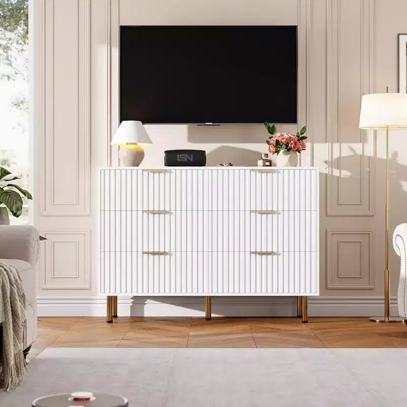 Comò doppio a 6 cassetti, cassettiera in legno scanalato da 120 cm con ampio spazio contenitivo e ripiano superiore grande - Porta TV per soggiorno, camera da letto, corridoio