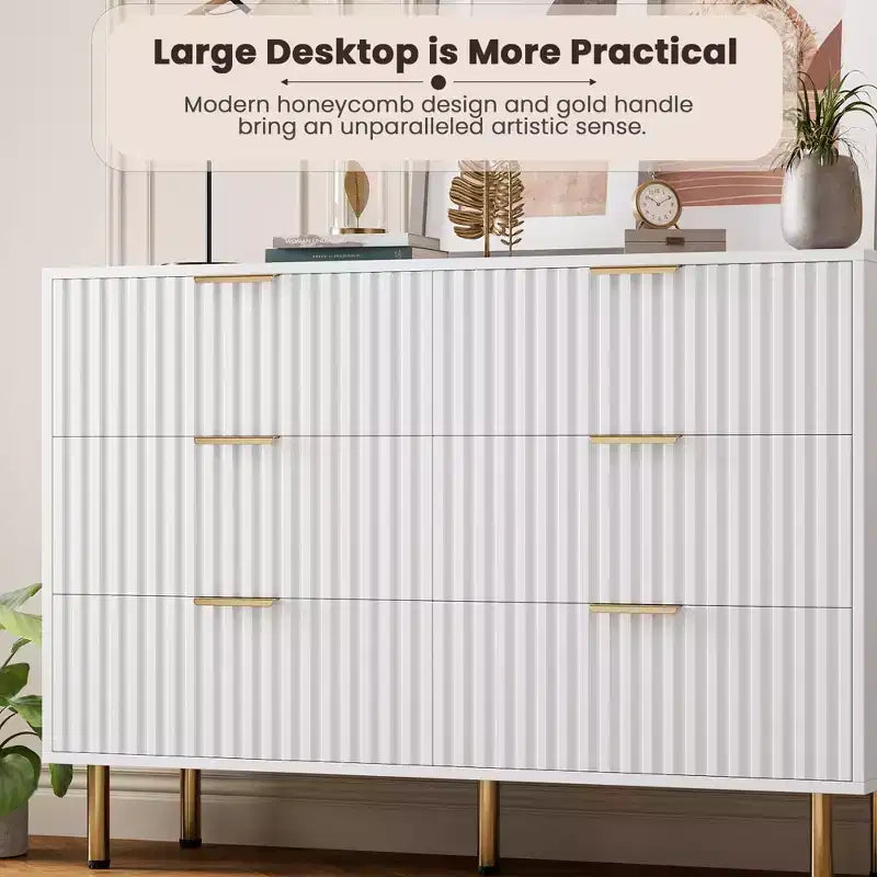 Comò doppio a 6 cassetti, cassettiera in legno scanalato da 120 cm con ampio spazio contenitivo e ripiano superiore grande - Porta TV per soggiorno, camera da letto, corridoio
